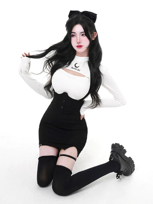 Black Korean Style Two-piece Set Women Bodycon Elegant Sexy Party Mini Skirt Suit 2023 Y2k White Blouse + Split Suspenders Skirt