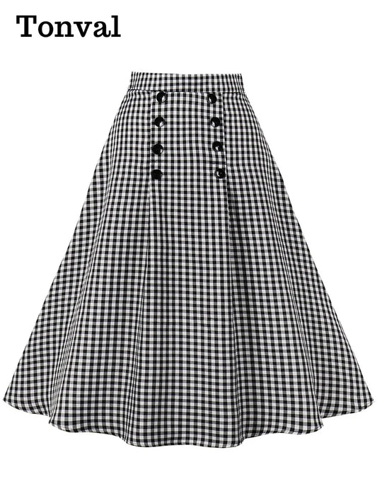 Tonval Black and White Plaid Double-Breasted Button Elegant Long Skirts for Women High Waist Midi Vintage A Line Skirt
